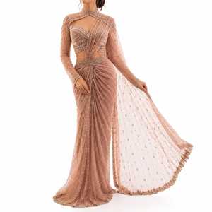 Sari Rosa Pálido Modesto y Natural de Diseñador, Pre-Drapeado, Recto, Largo hasta el Suelo, con Bordado a Mano de Lentejuelas y Perlas - Product Image 1