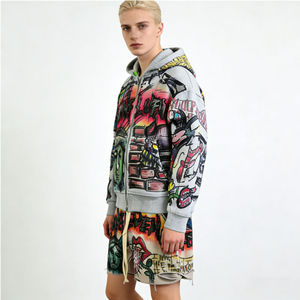 Ensemble sweat à capuche et short personnalisé effet délavé soleil, coupe courte, délavé à l'acide, style streetwear, avec strass et déchirures, fermeture éclair - Product Image 3