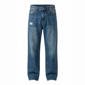 Straight-Leg High Waist Distressed <b>Denim</b> Jeans Men Regular Fit Cotton Casual Style Spring Washed Blue Pants - Product Image 1