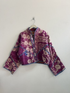 Kantha Vintage Reversible Handmade Spandex/Cotton <b>Jacket</b> with Patchwork Design and Horn Buttons for <b>Women</b> Winter Wear - Product Image 6