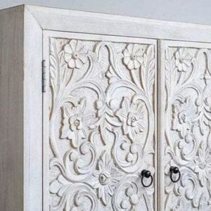 Handmade Traditional Antique Solid Carved <b>Sideboard</b> Cabinet Whitewash Finish 2 Doors Storage Console for Home Hotel Villa Living - Product Image 4