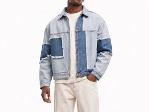 Men's Patchwork <b>Denim</b> <b>Jacket</b> With Frayed Details Turn-down Collar Zipper Closure Casual Autumn Style Regular Fit - Product Image 1