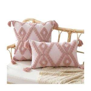 Bohemian Embroidered Geometric Cushion Cover Pink Rectangle Cotton Home Decor Pillow Case at Wholesale Price - Product Image 1