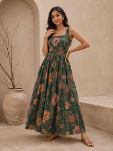 Robe longue bohème sans manches à imprimé floral vert, coupe trapèze, 100 % coton tissé, taille naturelle, idéale pour l'été et le quotidien (ODM) - Product Image 1