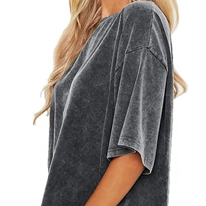 T-shirt ample à épaules tombantes pour femme, couleur unie, en coton lavé, coupe décontractée, manches courtes, col rond, respirant, haut décontracté pour le printemps - Product Image 5