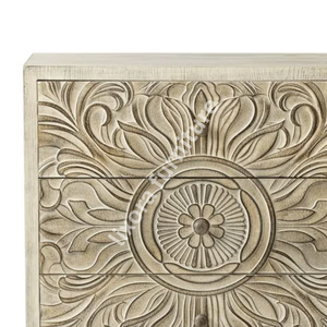 Luxury Handcrafted Solid Wood 3 Drawer Nightstand Ornate Sunburst Floral Carving Antique White Finish - Product Image 6