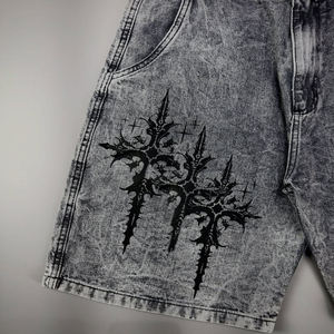 Shorts de Mezclilla Negros Lavados con Diseño Bordado, Estilo Urbano Vintage, Shorts Casuales de Verano - Product Image 2