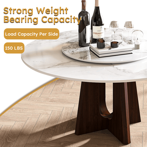 Table à manger ronde moderne de 59 pouces, base en bois massif noyer, plateau en pierre frittée, design croisé robuste pour 6 à 8 personnes, finition marbre - Product Image 6