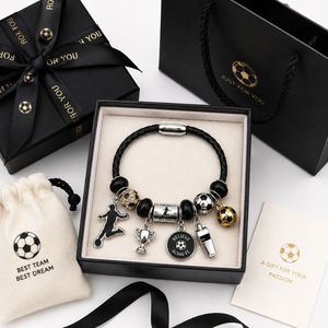 Bracelets de football avec breloques en acier inoxydable, bracelet en cuir tressé pour les fans de football, accessoires sportifs - Product Image 5