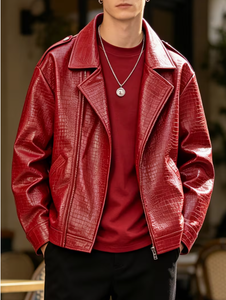 <b>Men</b> <b>s</b> Red PU Leather <b>Jacket</b> Moto <b>Biker</b> Style Turn-down Collar Zipper Front Embossed Crocodile Pattern Autumn Outerwear Luxury - Product Image 4