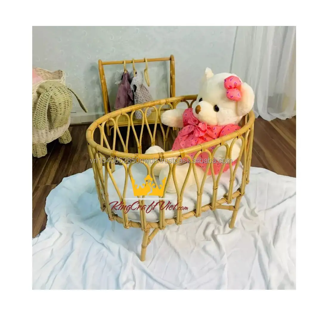 King Craft Viet Rattan Crib Vintage Wicker Doll Furniture Miniatures Baby Toys Stroller Chair Bed Home Decoration