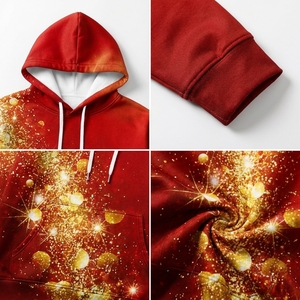Women Winter Hooded Tracksuit <b>Red</b> Gold Print Full Length Casual Sublimation Polyester Pants Set With Side Pockets Drawstring - Product Image 5