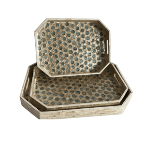 Plateau de service artisanal écologique en nacre (MOP) et coquillages de rotin, design bohème vintage, forme et taille personnalisables pour - Product Image 1