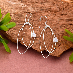 Boucles d'oreilles pendantes en pierre de lune arc-en-ciel naturelle, taille poire et rose, en argent sterling 925, faites à la main, géométriques, double anneau, pour femme - Product Image 3