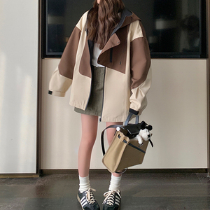 Women Brown Khaki Windbreaker <b>Jacket</b> Color Block Coat <b>Ladies</b> Fashion Oversized Outerwear Casual Hooded Top New - Product Image 3
