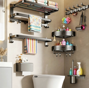 Space Aluminum Foldable Towel <b>Rack</b> No Drill Bathroom Shelf <b>Shower</b> <b>Storage</b> Organizer Wall Mounted Milky White Holder - Product Image 3