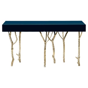 Mesa de Consola de Diseño Clásico con Detalles en Bronce Pátin y Latón, Mueble de Pasillo de Diseño Contemporáneo con Almacenamiento y Tapa de Cristal - Product Image 1