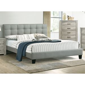 Letto Contemporaneo California King Size con Testiera Trapuntata in Polifibra Grigia, Struttura Imbottita per Camera da Letto - Product Image 1