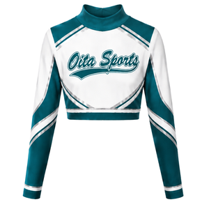 Maillot de cheerleading sublimé blanc et turquoise à manches longues – Tenue de sport d'équipe pour l'entraînement, la performance athlétique, la pratique et les compétitions - Product Image 1
