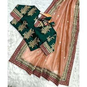 Sari en tissu brodé de créateur avec des paillettes, des cordons et une bordure en dentelle - Product Image 3