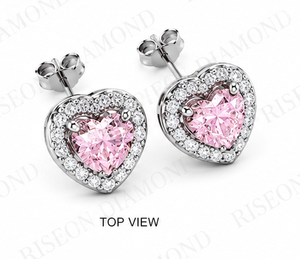 Pendientes románticos con diamantes rosas en forma de corazón en oro blanco de 18 quilates con brillantes diamantes redondos en forma de halo para un diseño de lujo atemporal. - Product Image 5
