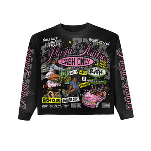Nouveau design T-shirt à manches longues pour homme, streetwear, jersey imprimé, col rond, coupe classique, noir avec graphismes roses - Product Image 1