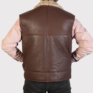 Men Cognac <b>Sheepskin</b> Genuine Leather <b>Gilet</b> Vest Winter Waistcoat Men's Cognac Leather <b>Sheepskin</b> <b>Gilet</b> - Product Image 2