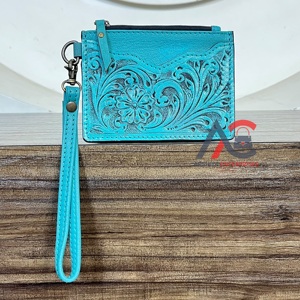 New Arrival Hand Tooled Genuine Leather Mini <b>Card</b> <b>Holder</b> Wallet Cute Floral Design Unisex Wristlet Coin Pouch for Everyday Uses - Product Image 1