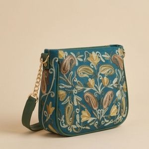 Bolso Bandolera con Bordado Sozni de Cachemira en Azul Turquesa con Diseño Paisley en Dorado y Rosa - Product Image 4