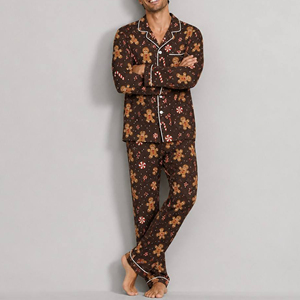 <b>Men's</b> Long Sleeve <b>Pajama</b> <b>Set</b> Christmas Gingerbread Print Button Down Sleepwear - Product Image 3