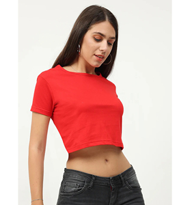 Women's <b>Red</b> <b>Cropped</b> T-Shirt O-Neck Short Sleeve Solid Color Casual <b>Top</b> Spring Summer Style Regular Fit Knitted Cotton - Product Image 4