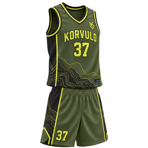 Conjunto de Uniforme de Baloncesto Personalizado para Hombre, Color Verde Oliva y Negro, Jersey sin Mangas con Cuello en V, Pantalones Cortos con Estampado de Contorno Amarillo, Números de Equipo, Kits al por Mayor - Product Image 1