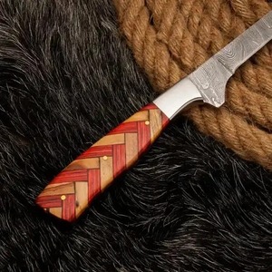 Couteau à filet en acier Damas fait main 12 pouces, manche en bois d'olivier et Pakka, talon en acier, lame droite, épaisseur 0,6 mm, étui en cuir - Product Image 4