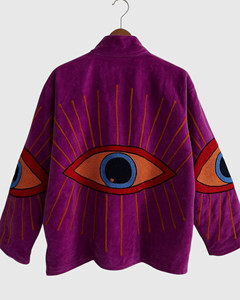 <b>Purple</b> <b>Velvet</b> Embroidered Eye Pattern Fleece Jacket Plus Size Boxy Fit Stand Collar Autumn Wear Women's Full Sleeve - Product Image 4