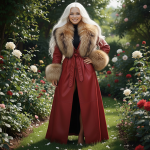 Manteau long en cuir de poisson pour femme avec ceinture et fourrure de renard, doublure en soie, vente en gros, sur mesure - Product Image 3