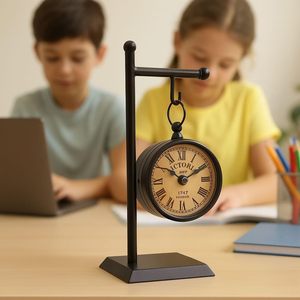 <b>Desk</b> <b>Clock</b> Circular Traditional Design Battery Operated Quartz Movement Silent Touch Sensing Needle Display Metal Frame - Product Image 5