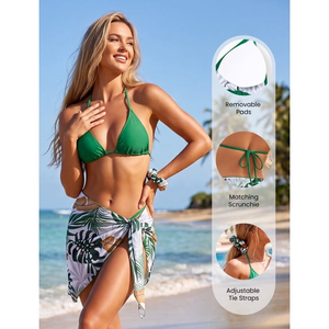 Women's Tropical Print <b>Bikini</b> Set Scoop Neck Three <b>Piece</b> Swimwear Shorts Bottom Green Patterned Tummy Control Sexy Plus Front - Product Image 4