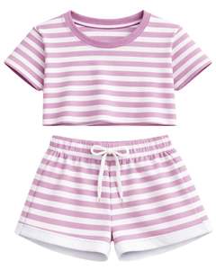 Ensemble décontracté d'été deux pièces pour femme : crop top rayé rose et short, taille élastique, tenue de détente, streetwear, OEM - Product Image 1