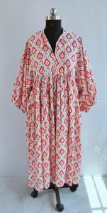 Vestido midi bohemio de algodón con estampado floral blanco y rojo, mangas abullonadas, corte holgado y cuello con lazo, vestido de verano para mujer. - Product Image 6