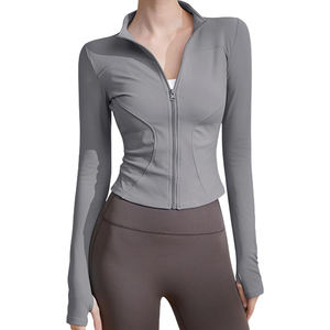 Women's Gray Full Sleeve Zipper <b>Yoga</b> <b>Jacket</b> Sweat-Wicking Spandex Polyester Activewear Top Solid Color Stand Neck Design - Product Image 1