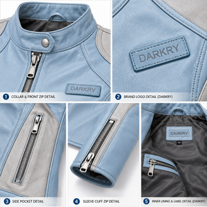Light Blue <b>Leather</b> <b>Jacket</b> <b>Woman</b> Two Tone Sky Grey Panel Stand Collar Biker Outerwear Zipper Pocket Slim Fit Custom Racing <b>Moto</b> - Product Image 6