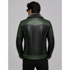 Veste de moto en cuir véritable pour homme, couleur verte et noire, avec doublure en fausse fourrure, fermeture éclair, style motard d'hiver - Product Image 2
