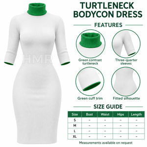HMR Sorority Sisterhood White Knitted Turtleneck Bodycon Dress With Green Contrast Neck And Cuffs <b>Three</b> Quarter - Product Image 6