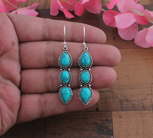 Boucles d'oreilles pendantes en turquoise à trois pierres, en argent sterling 925, forme goutte d'eau, luxe, unisexe, cadeau pour femme, mariage, fête - Product Image 5