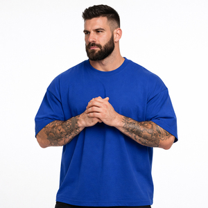 Men's Oversized Blue Crew Neck <b>T</b>-<b>Shirt</b> Short Sleeve Solid Color Casual Fit 100% Cotton Jersey Knitted Fabric - Product Image 4