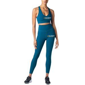 HUSKY Women's Ribbed Sports <b>Bra</b> Leggings Set <b>Blue</b> Seamless Fitness Wear Breathable Racerback Scoop Neck High Support - Product Image 1