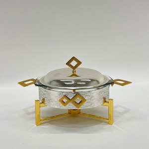 Luxury Inner <b>Glass</b> Chafing <b>Dish</b> Gold Stainless Steel Buffet Food Warmer Middle East Round Casserole Serving Pot <b>with</b> <b>Lid</b> & Stand - Product Image 3