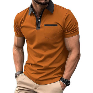 Men's Solid Color Short Sleeve <b>Polo</b> Shirt With Pocket Casual Knitted Design <b>Orange</b> Black Collar - Product Image 5