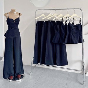 OEM Vintage Elegant Solid Black Embroidered Lace Cotton Bamboo Corset Cami <b>Top</b> <b>Short</b> Skinny Fit Wide Leg Pants 2 Piece <b>Set</b> Women - Product Image 1