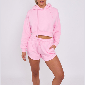 Conjunto Deportivo de Dos Piezas para Mujer, Sudadera con Capucha Rosa, Pantalones Cortos de Felpa, Corte Holgado, Informal, para Primavera/Verano - Product Image 1